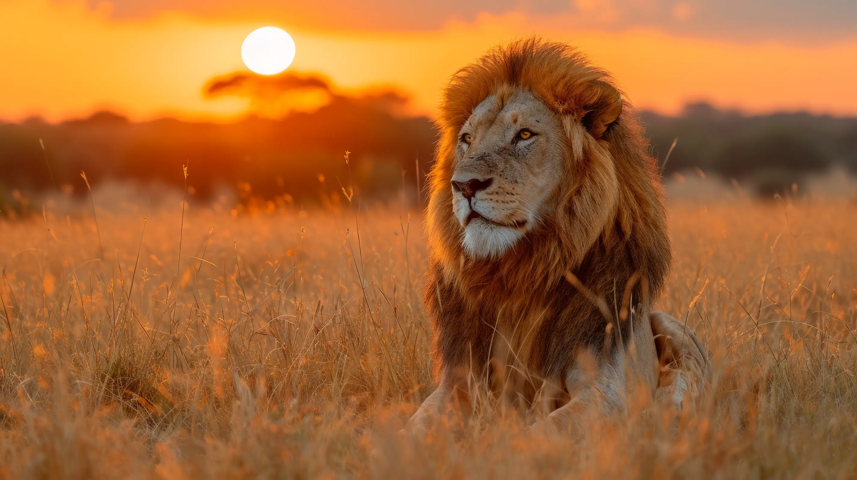 Majestic lion in sunset savanna