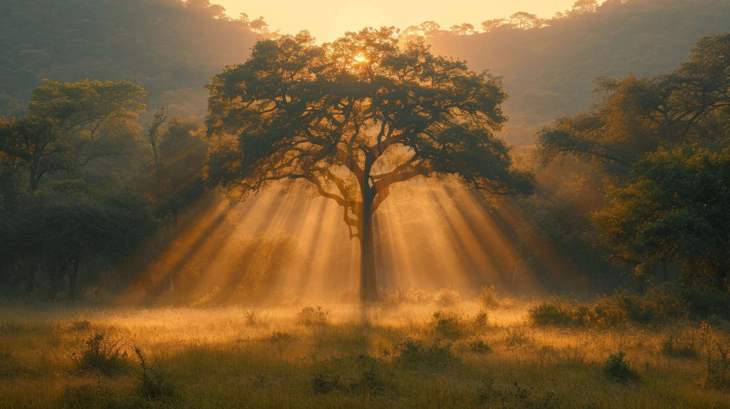 Sunrays through tree in misty dawn
