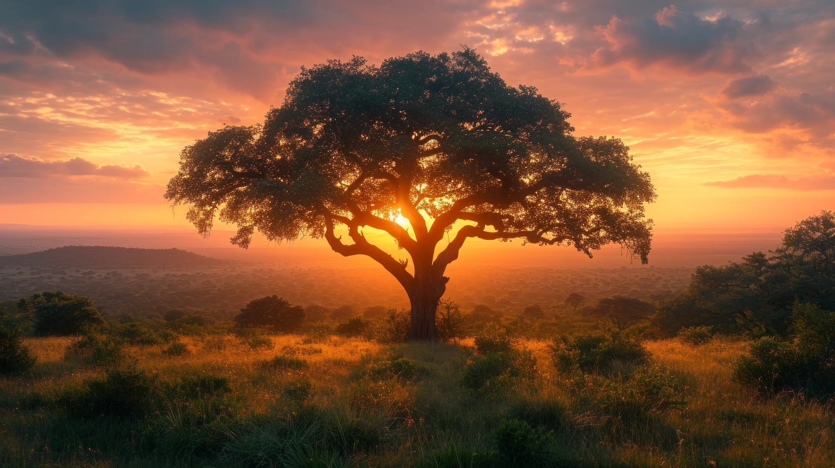 Silhouette tree at vibrant sunset