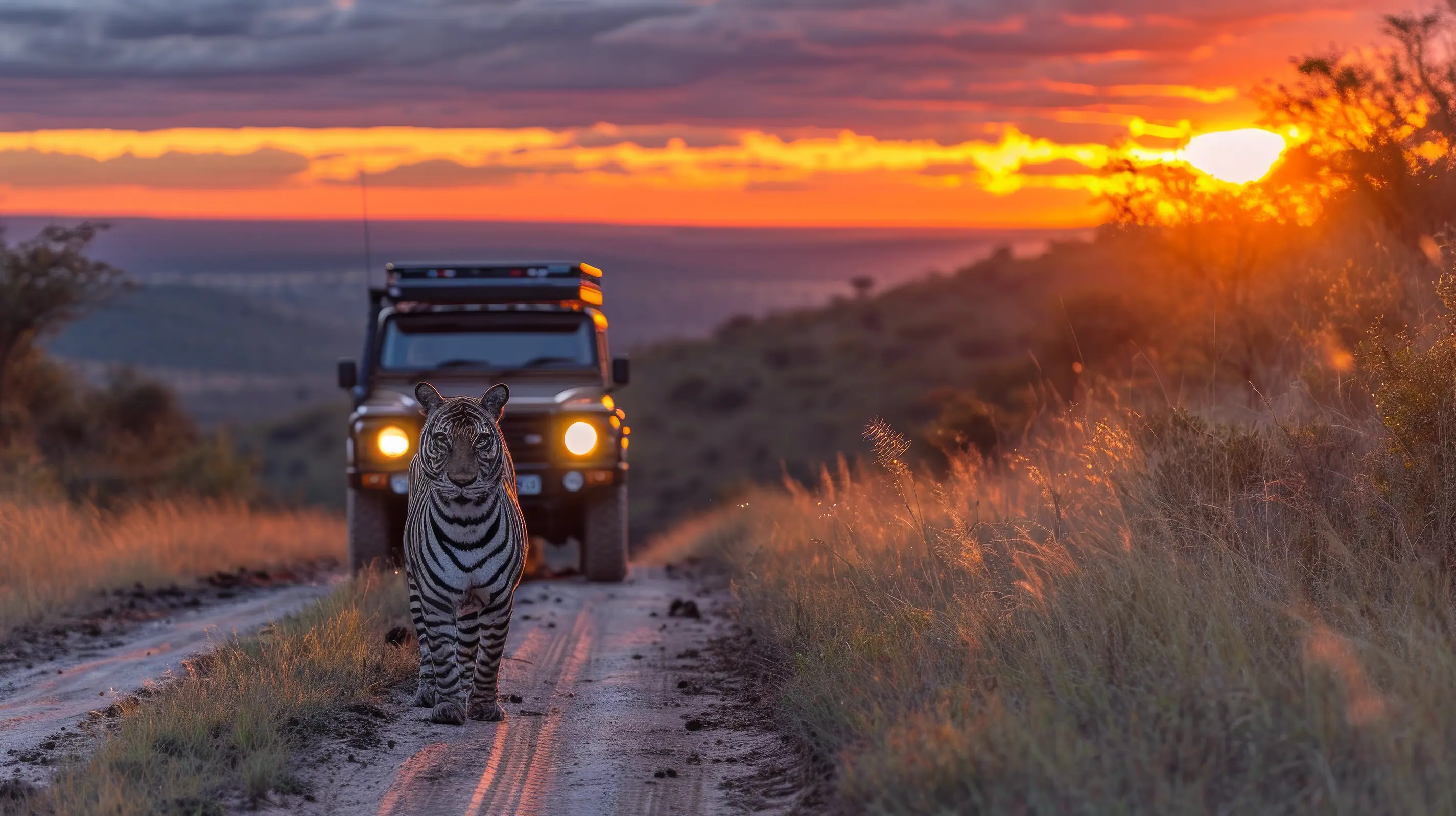 Tiger on road at sunset