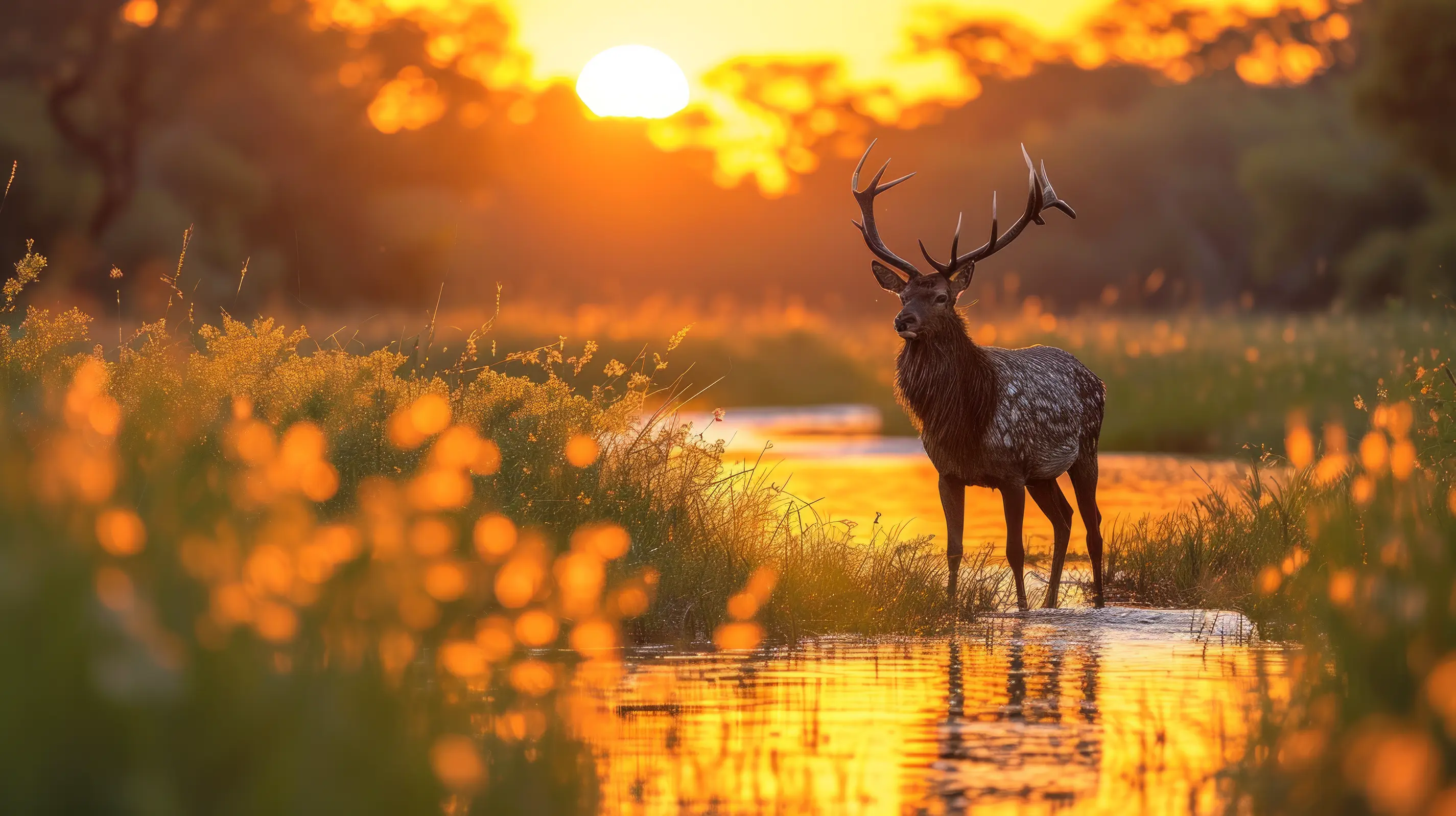 Stag by water at golden hour