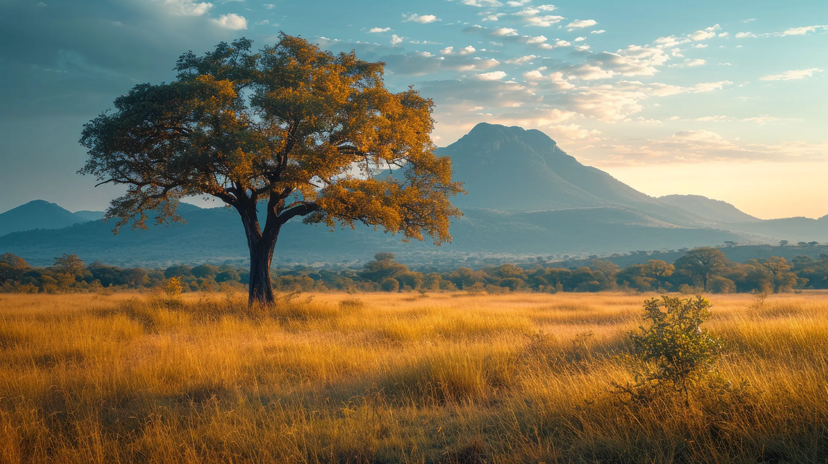 Lone tree with mountain backdrop