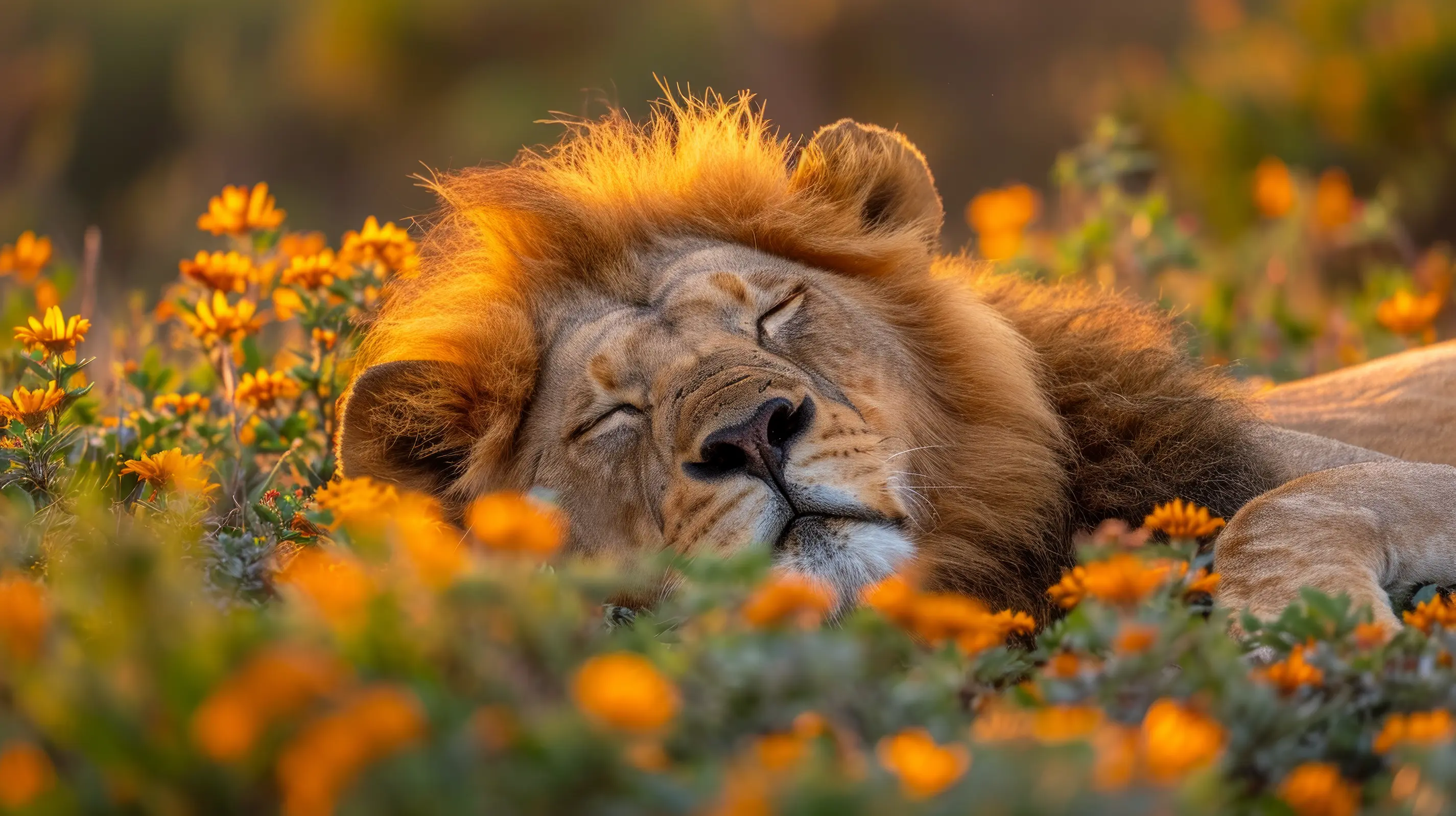 Sleeping lion amid flowers