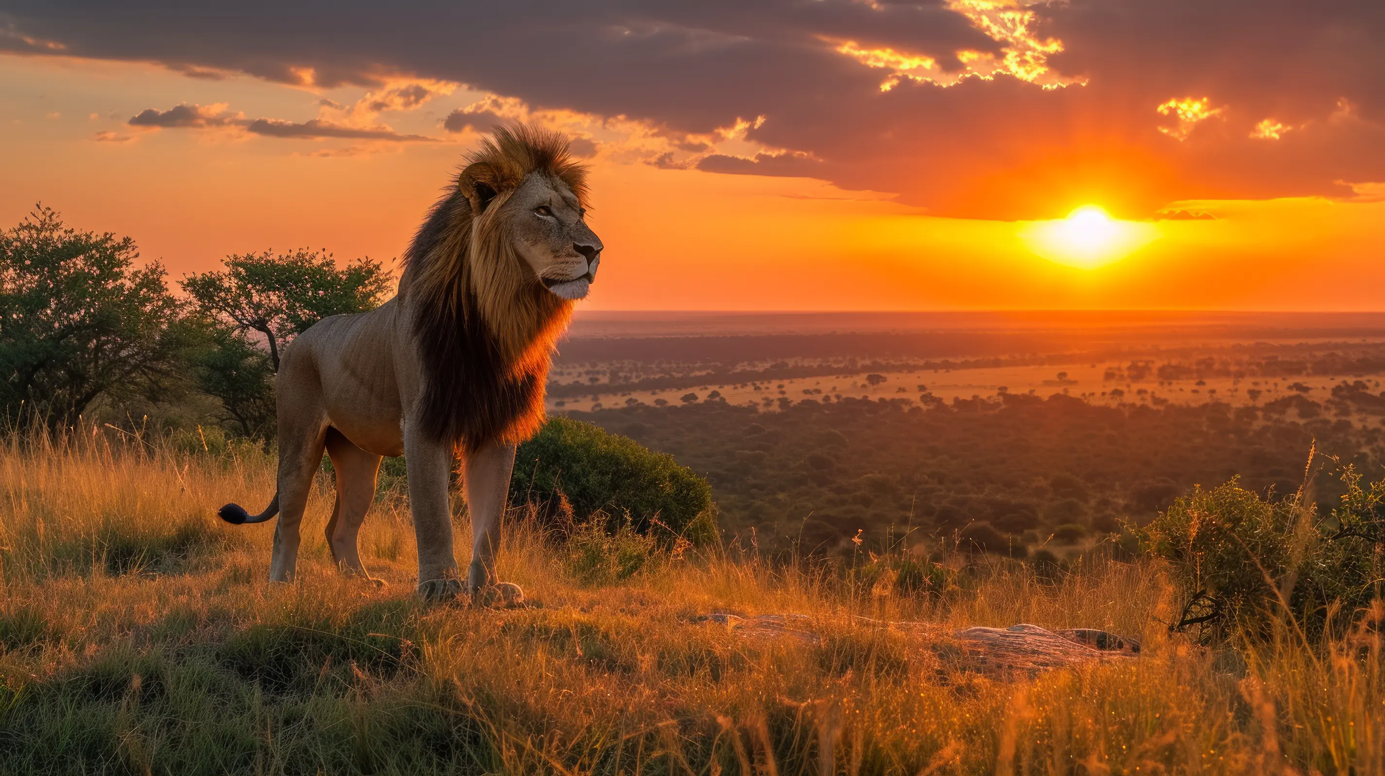 Lion gazes at sunset savanna