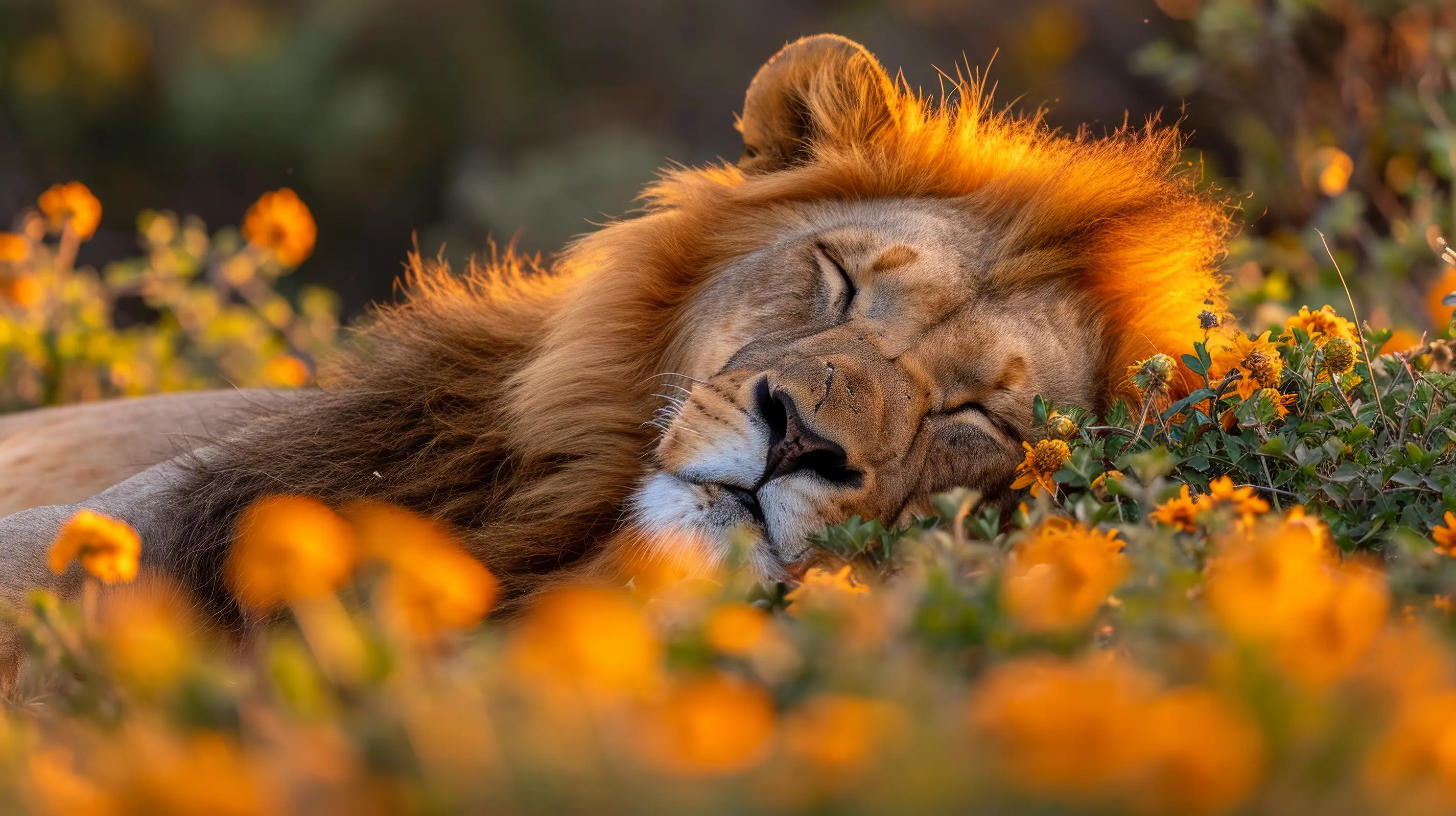 Lion sleeps in orange flowers