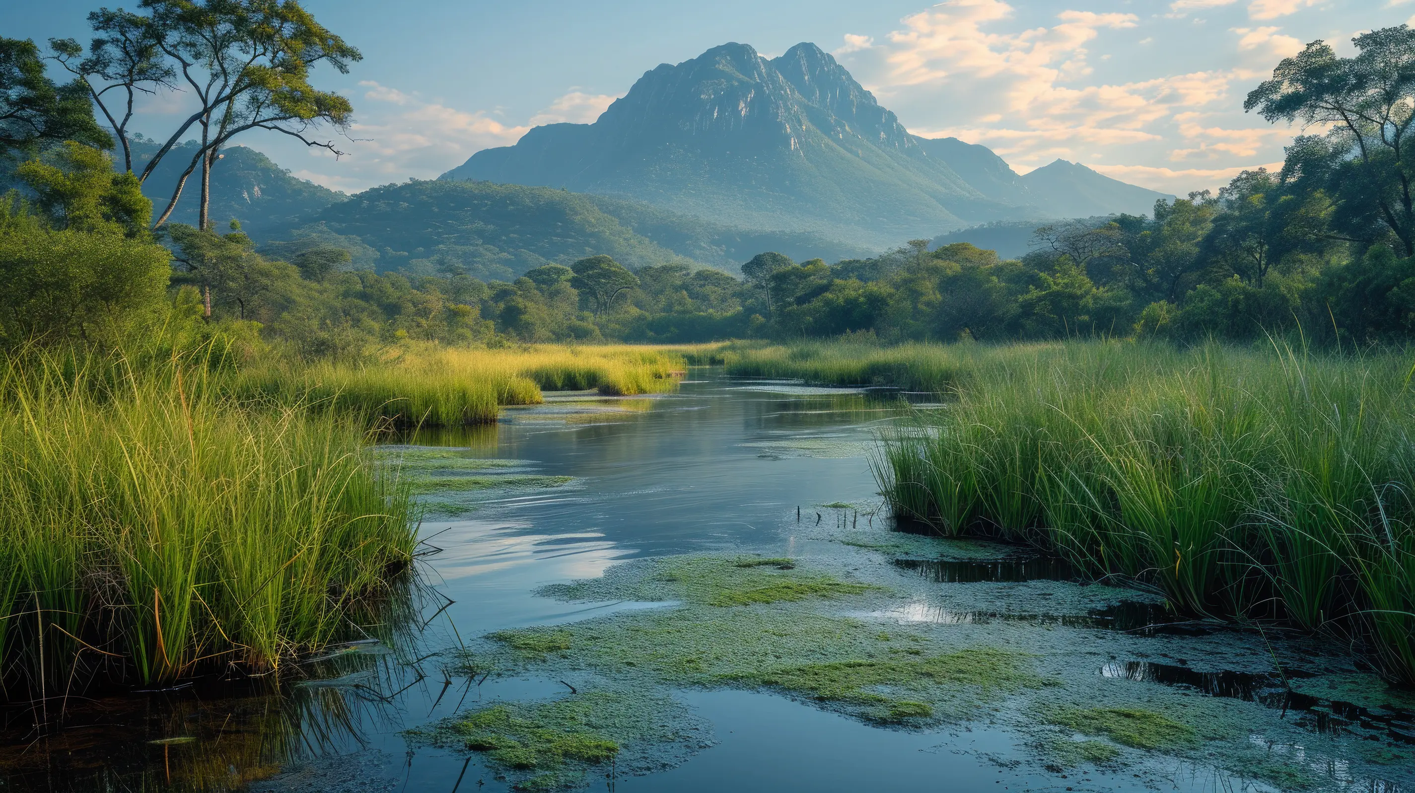 River flows by a green mountain