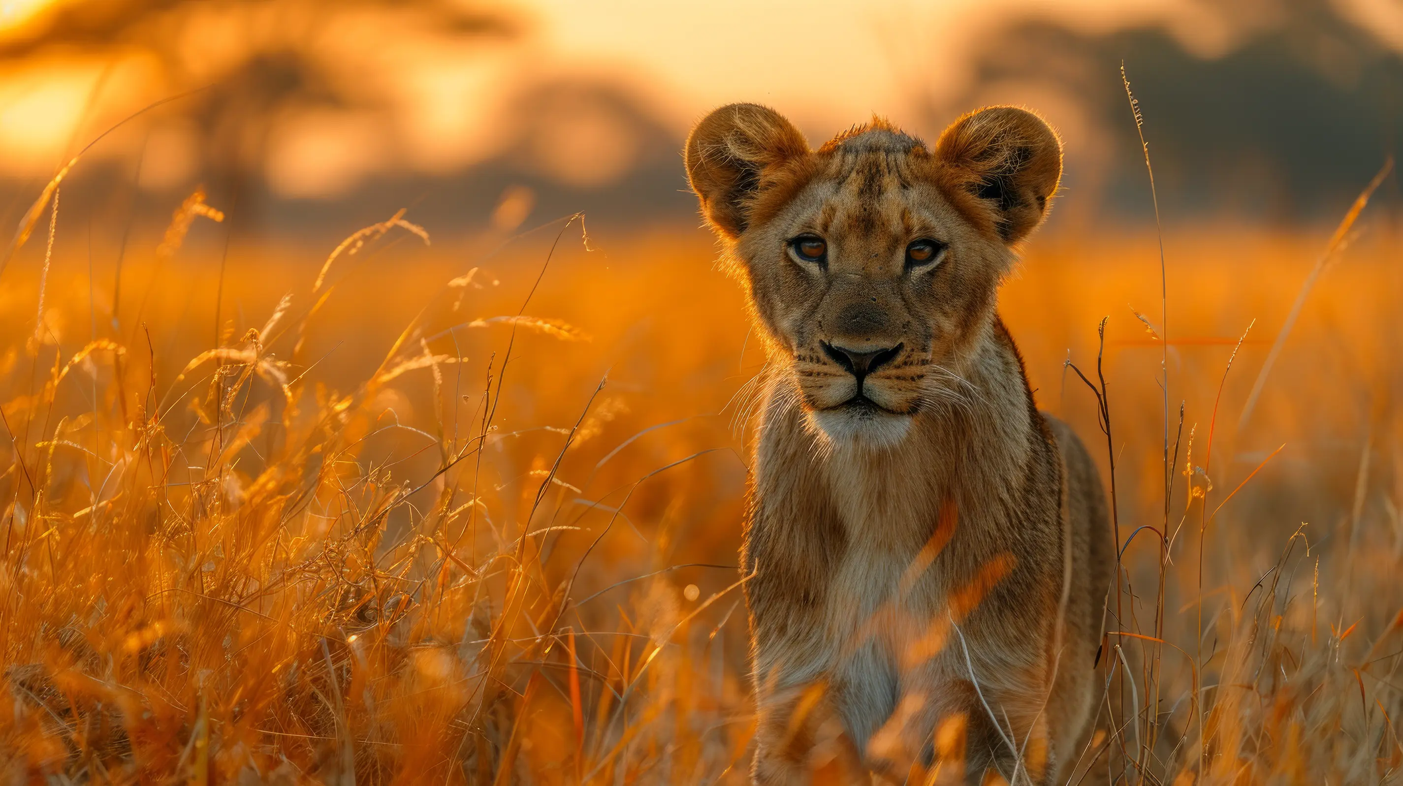 Lioness stands in golden grass
