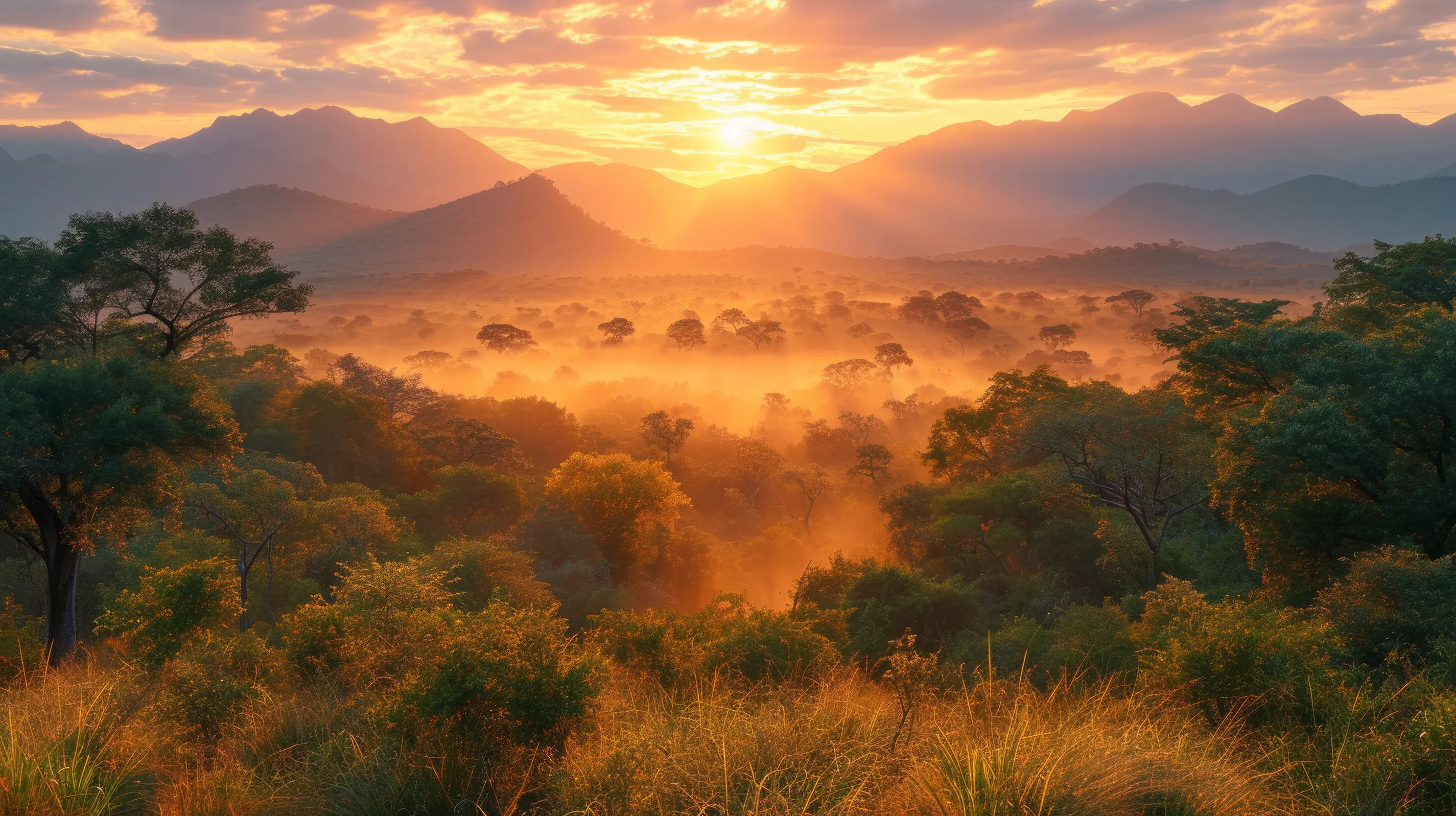 Sunrise over misty savanna