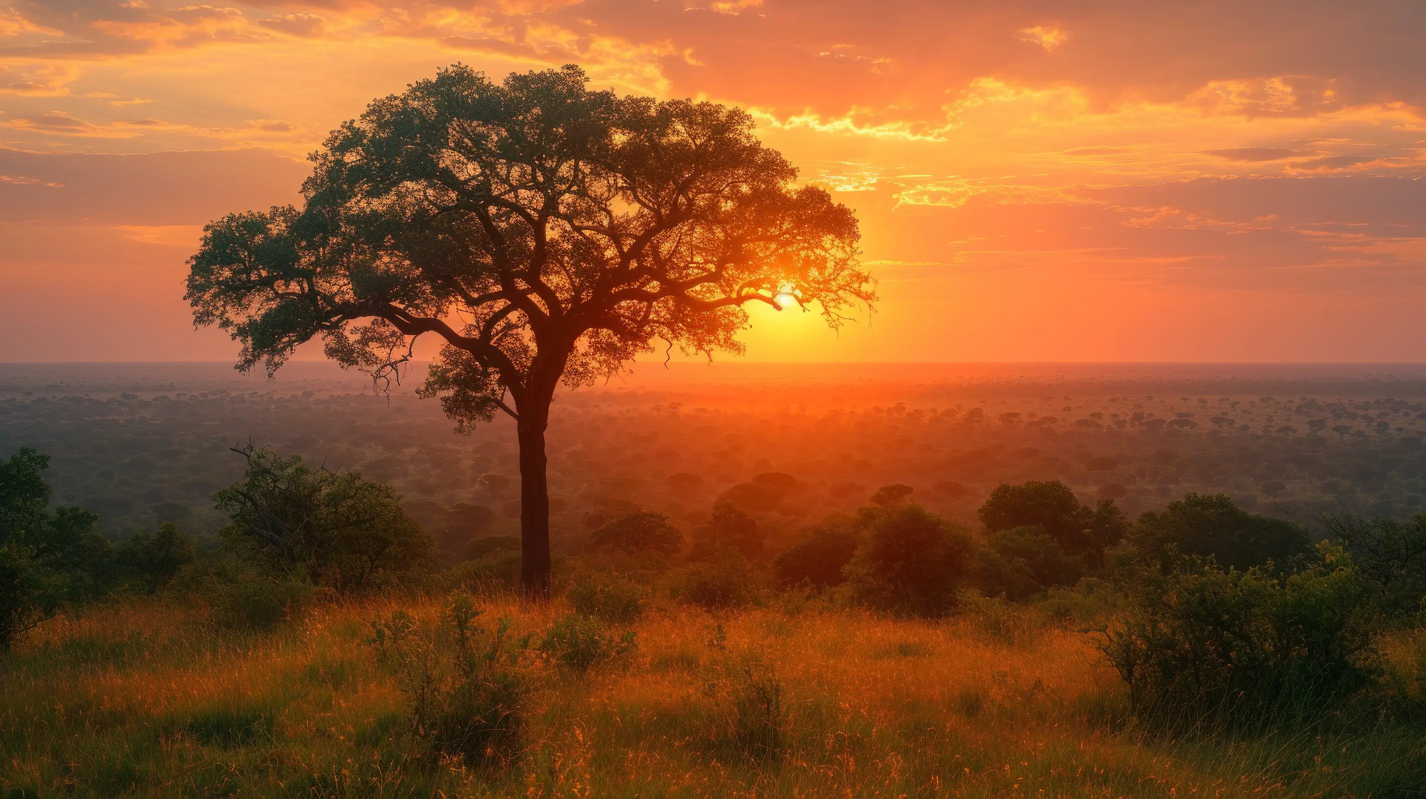 Lone tree at savanna sunset