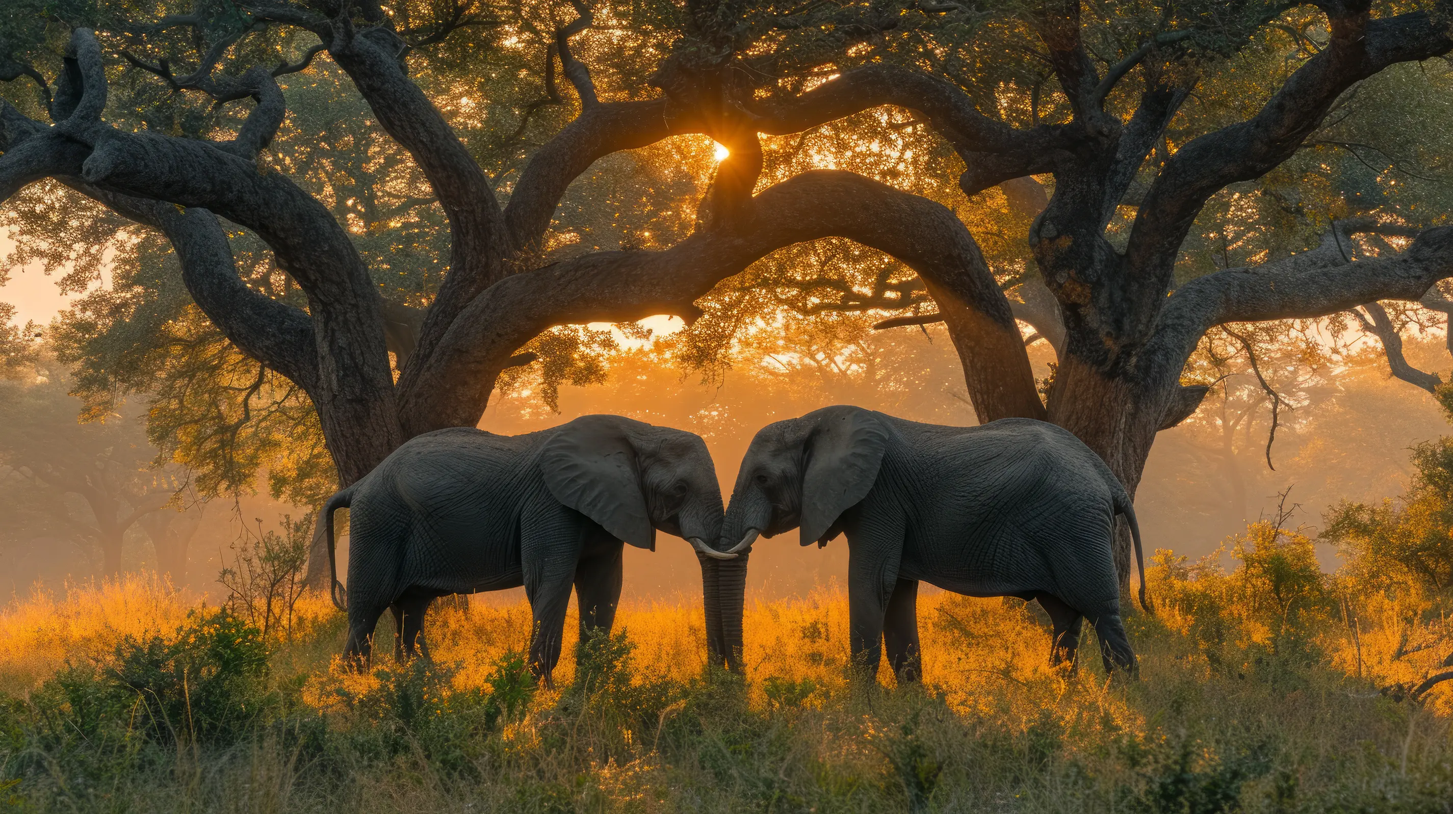 Two elephants at sunrise