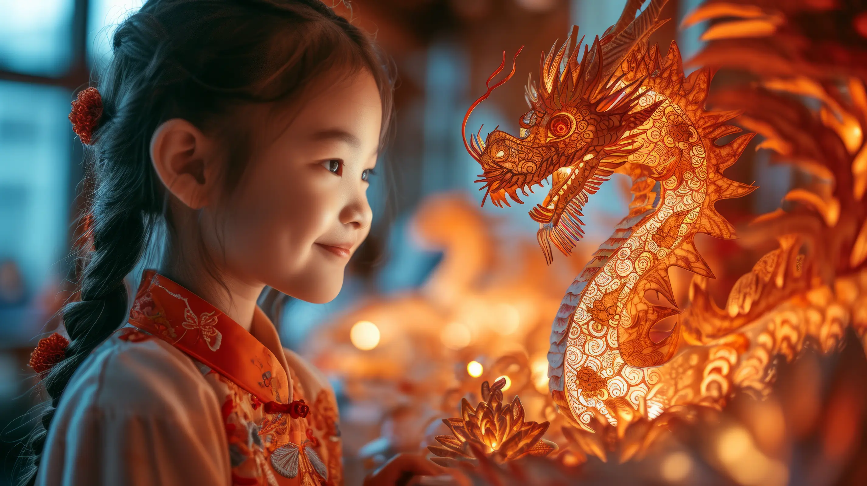 A child marvels at a glowing dragon sculpture