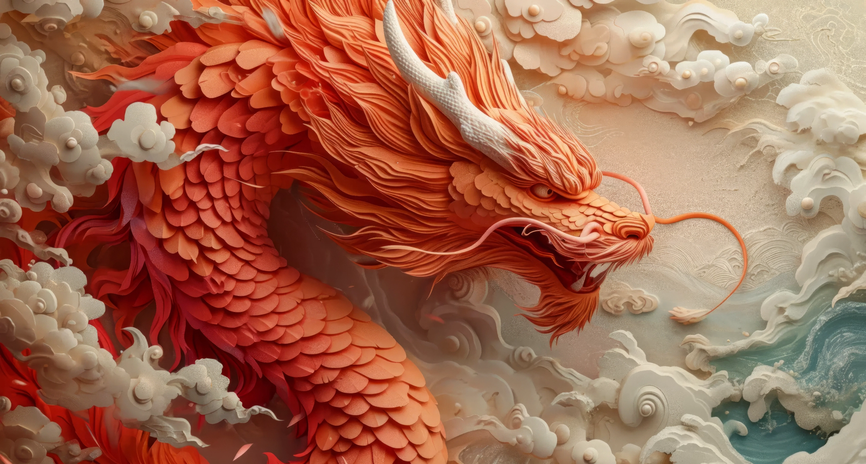 An ornate dragon twists among clouds
