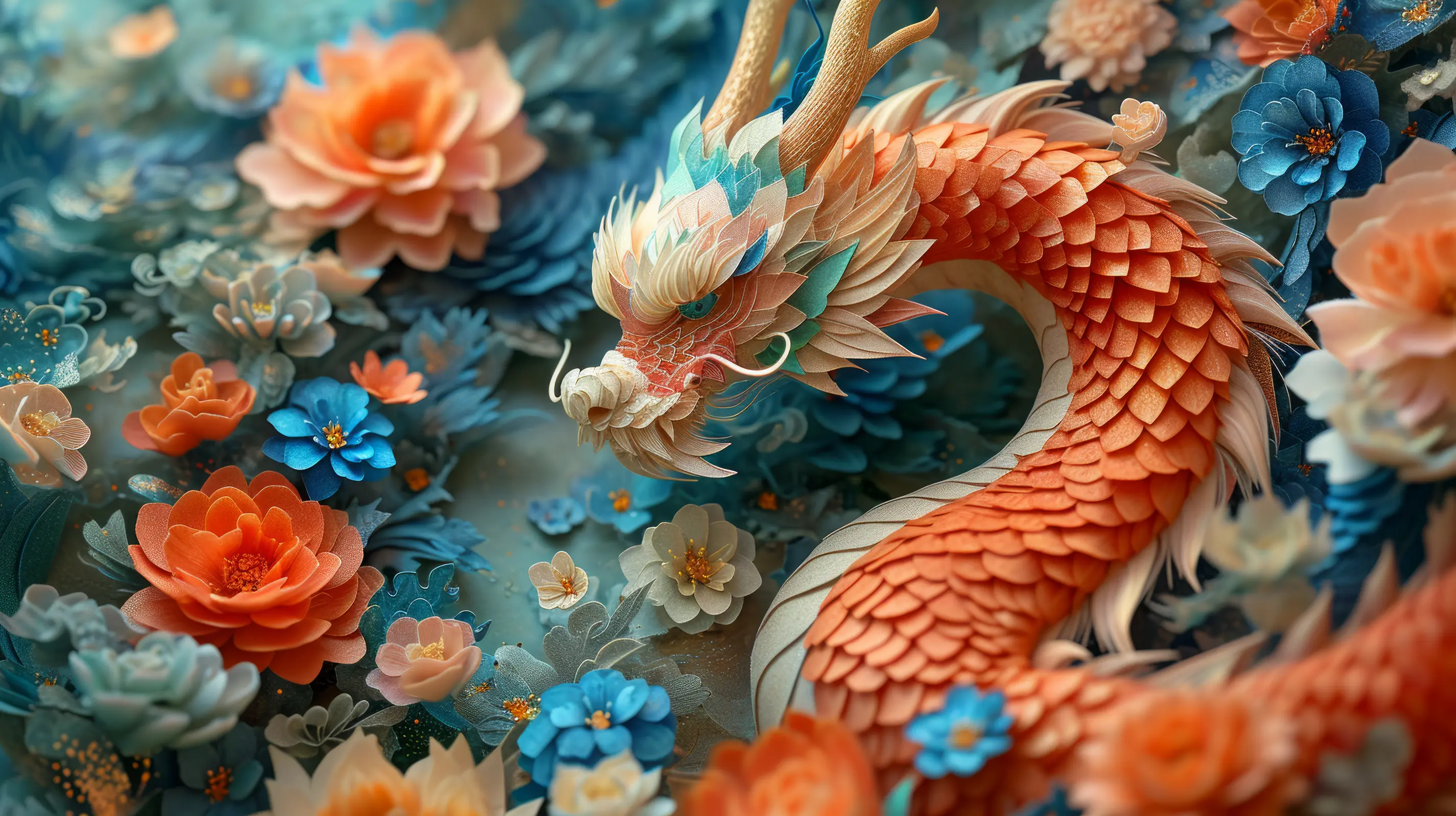 A vibrant blooms surround a serpentine dragon creature
