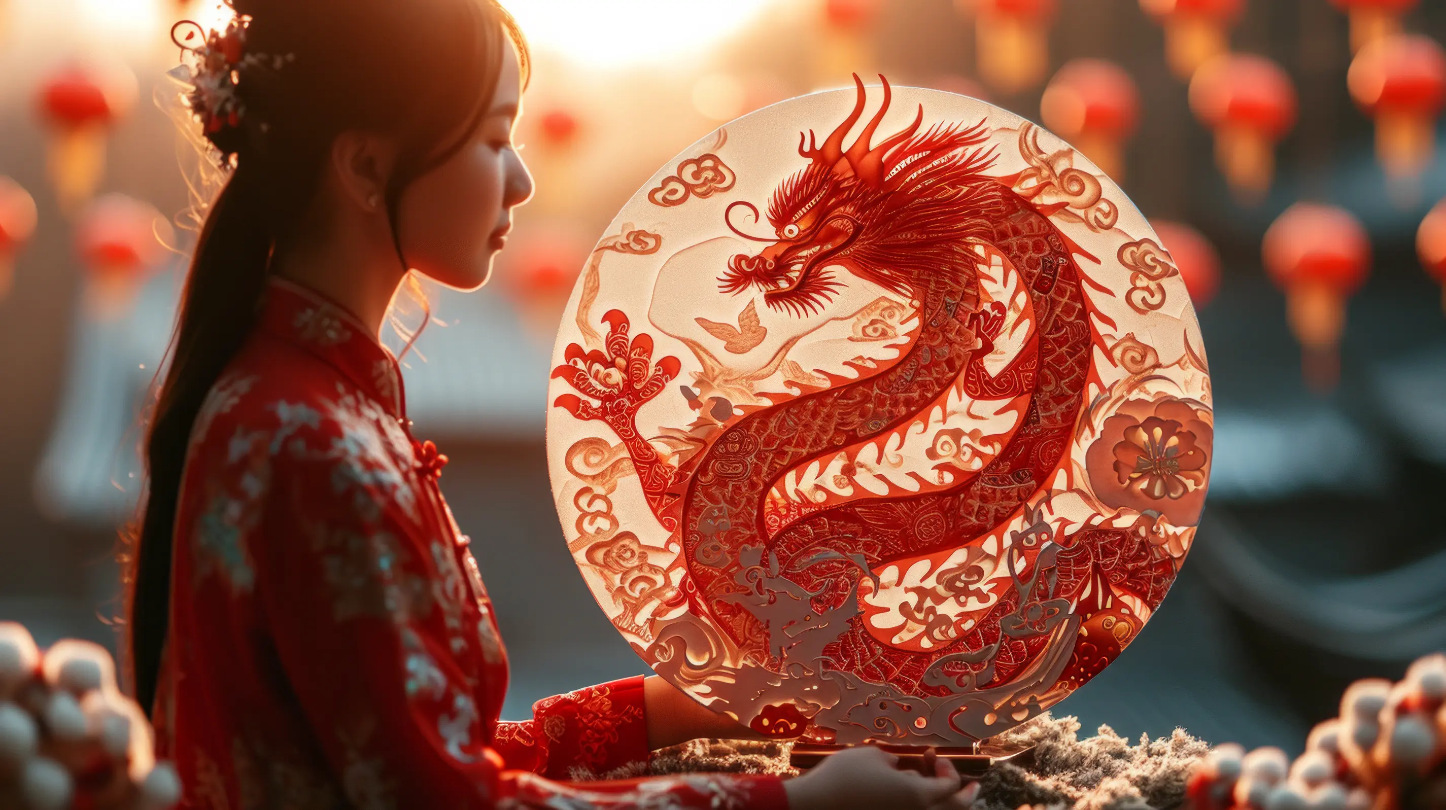 A woman contemplates a delicate dragon wheel