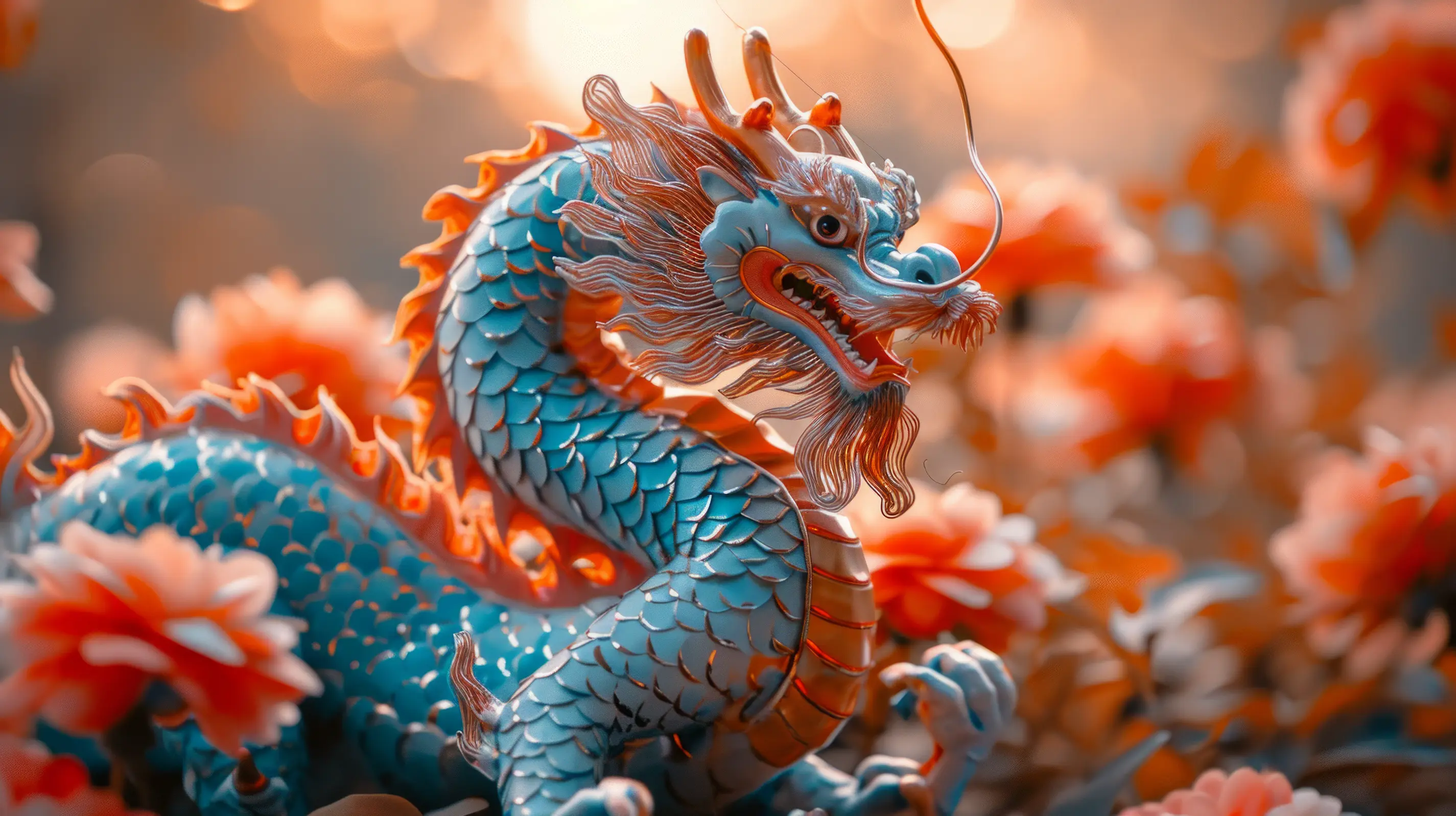 A vibrant dragon amid blooms