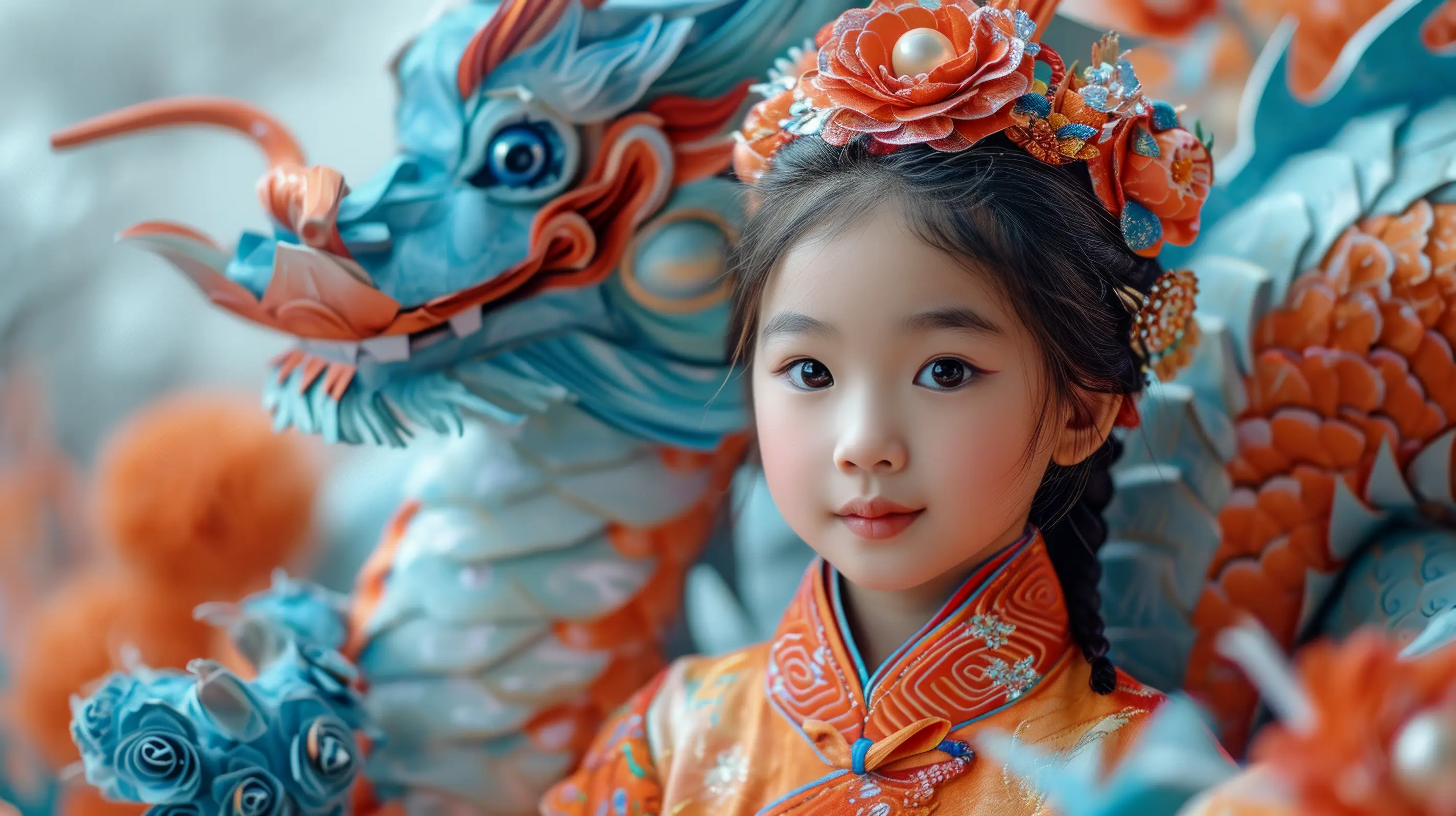 A girl with a dragon statue