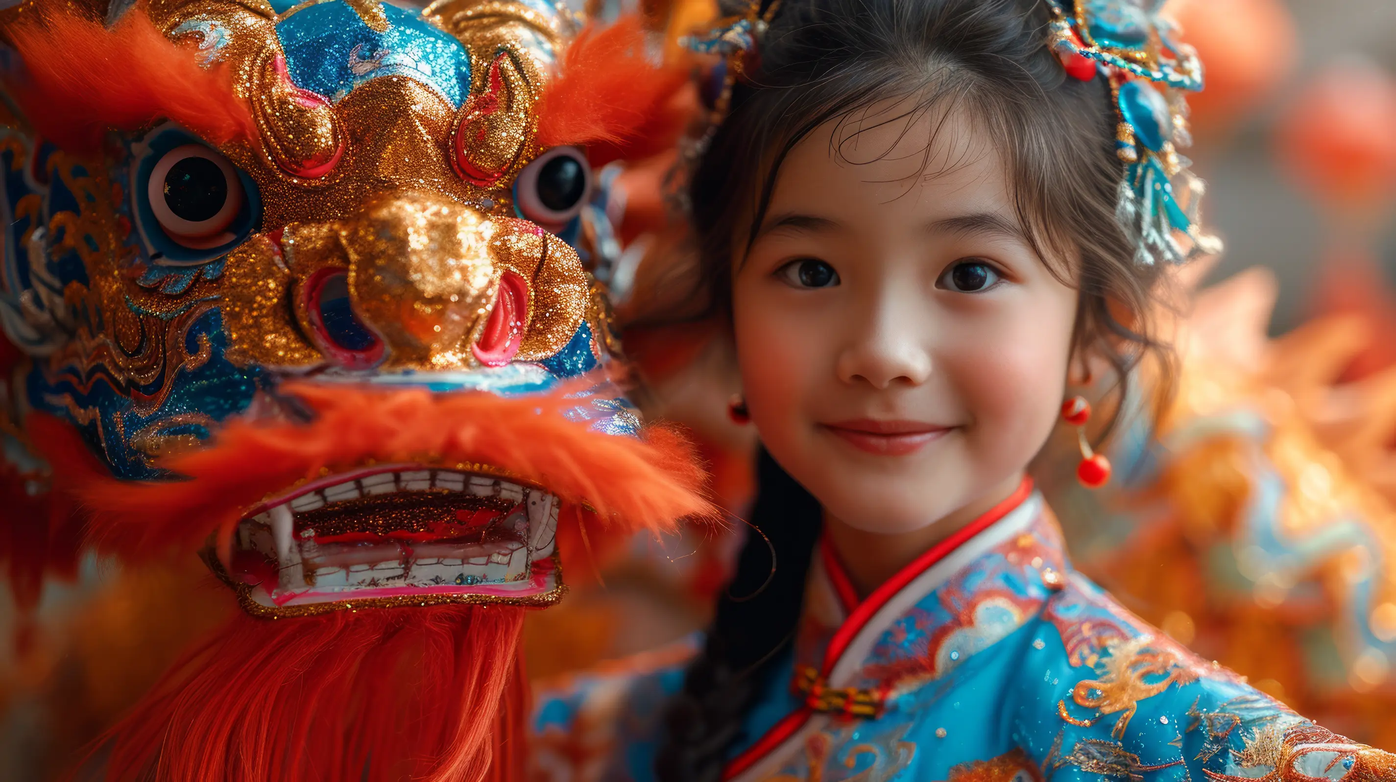 A child meets a dragon dance mask