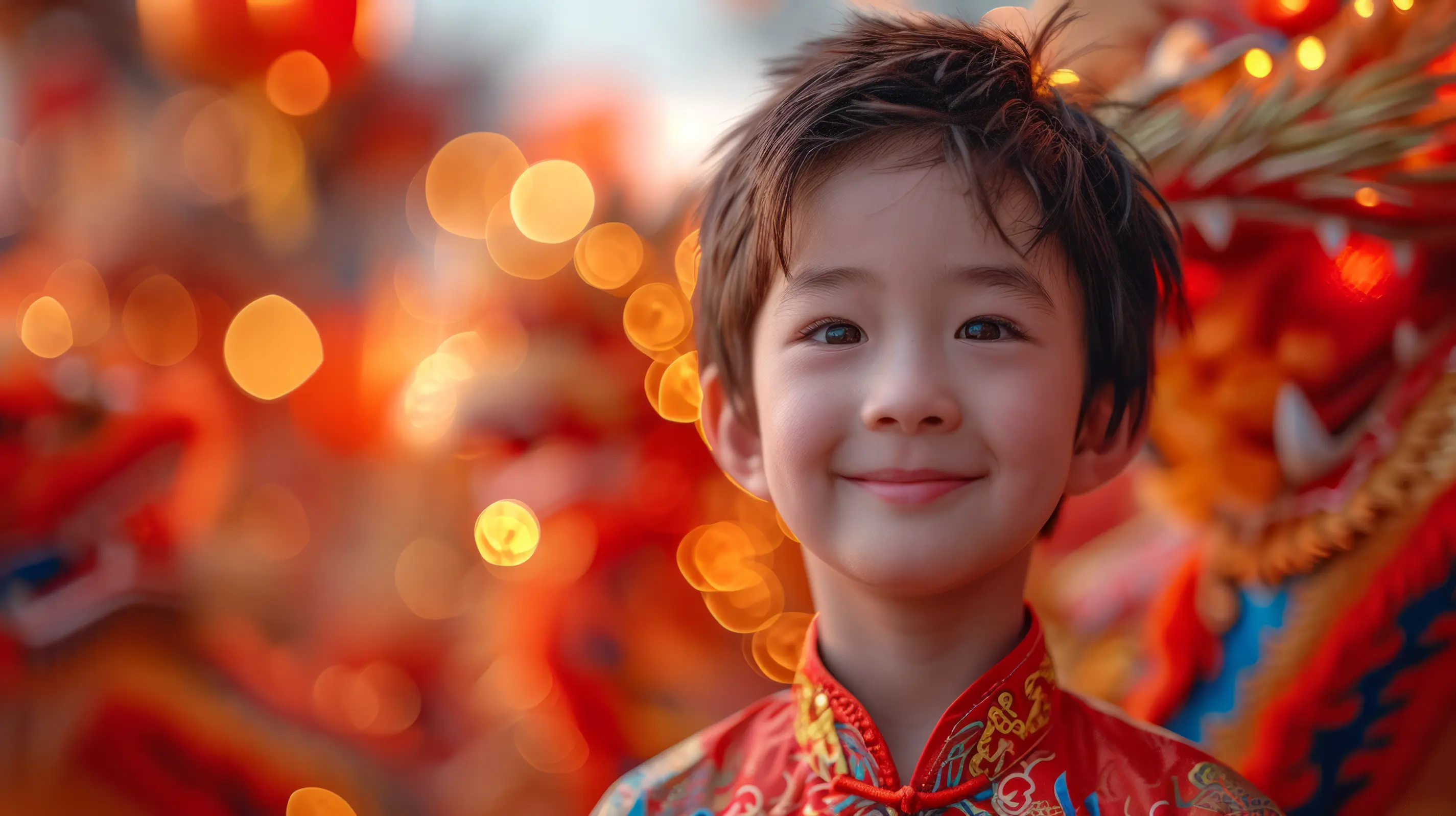 A boy smiles with dragon lanterns