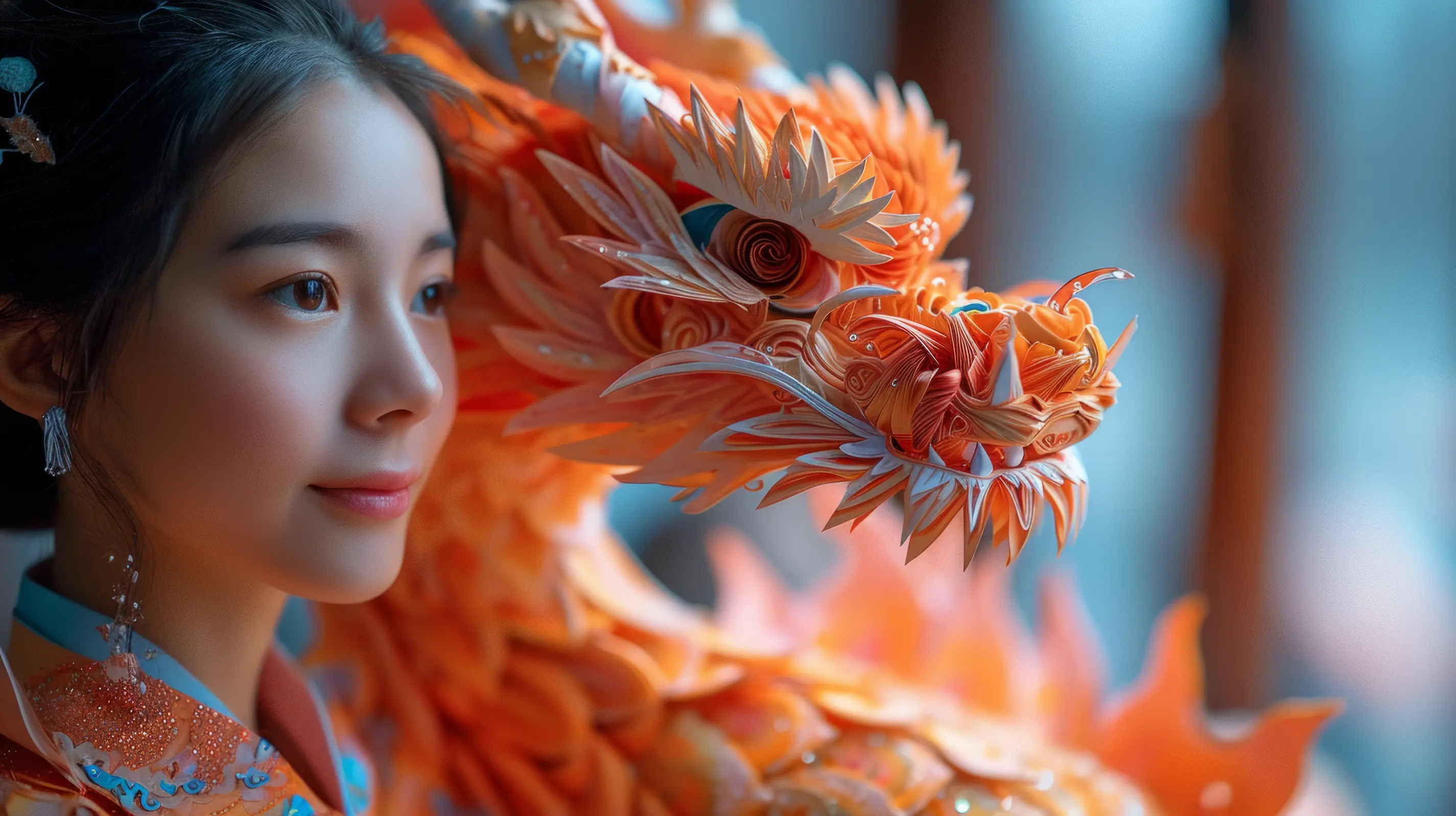 Woman with ornate dragon headpiece