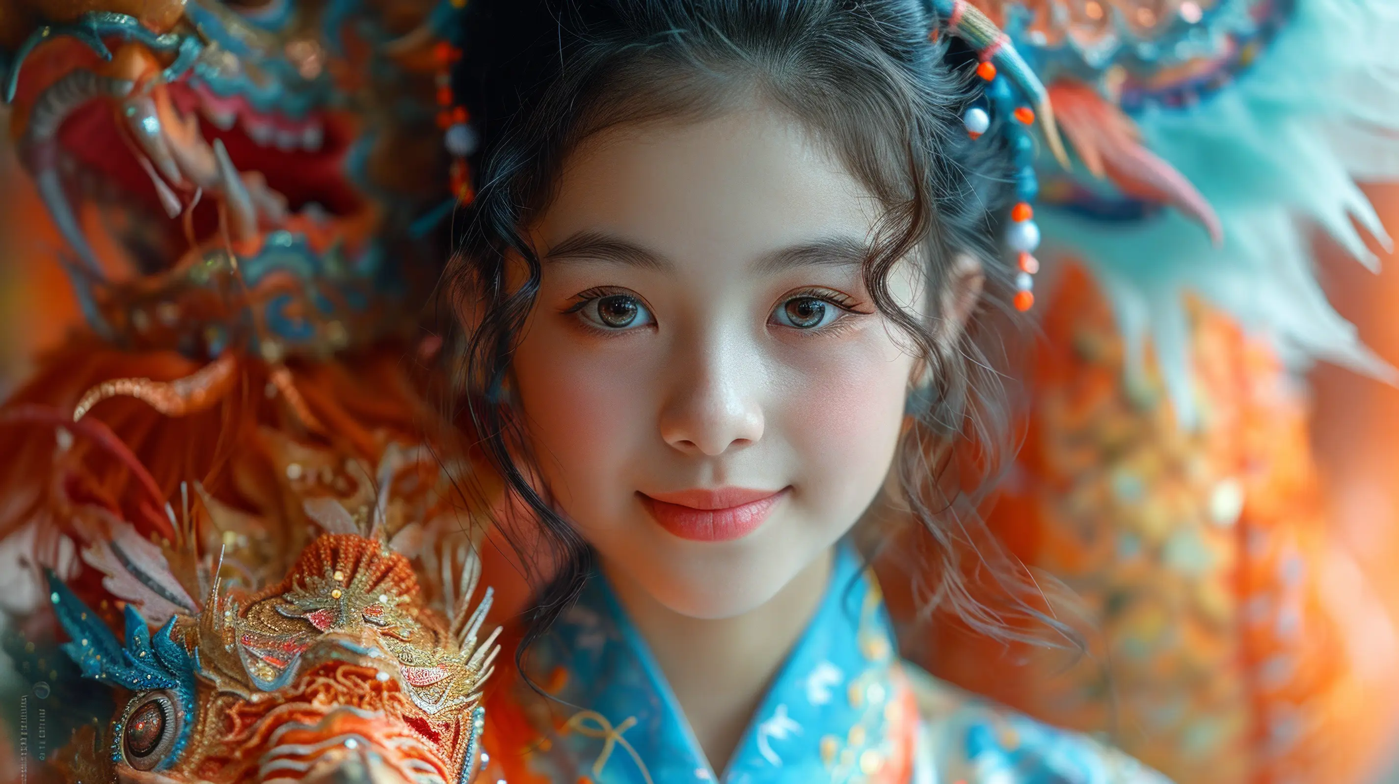 Close-up of woman with dragon mask