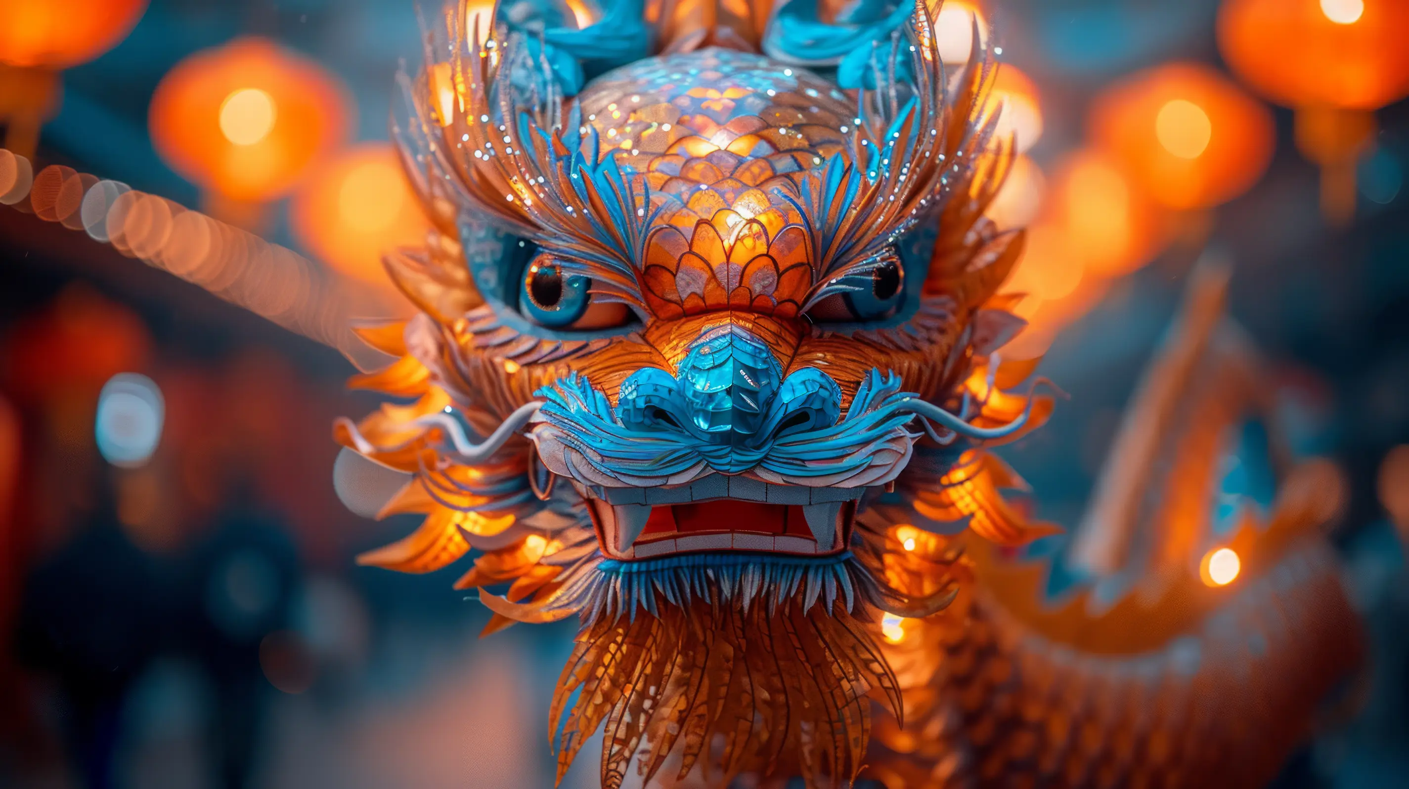 Blue dragon head against warm lights