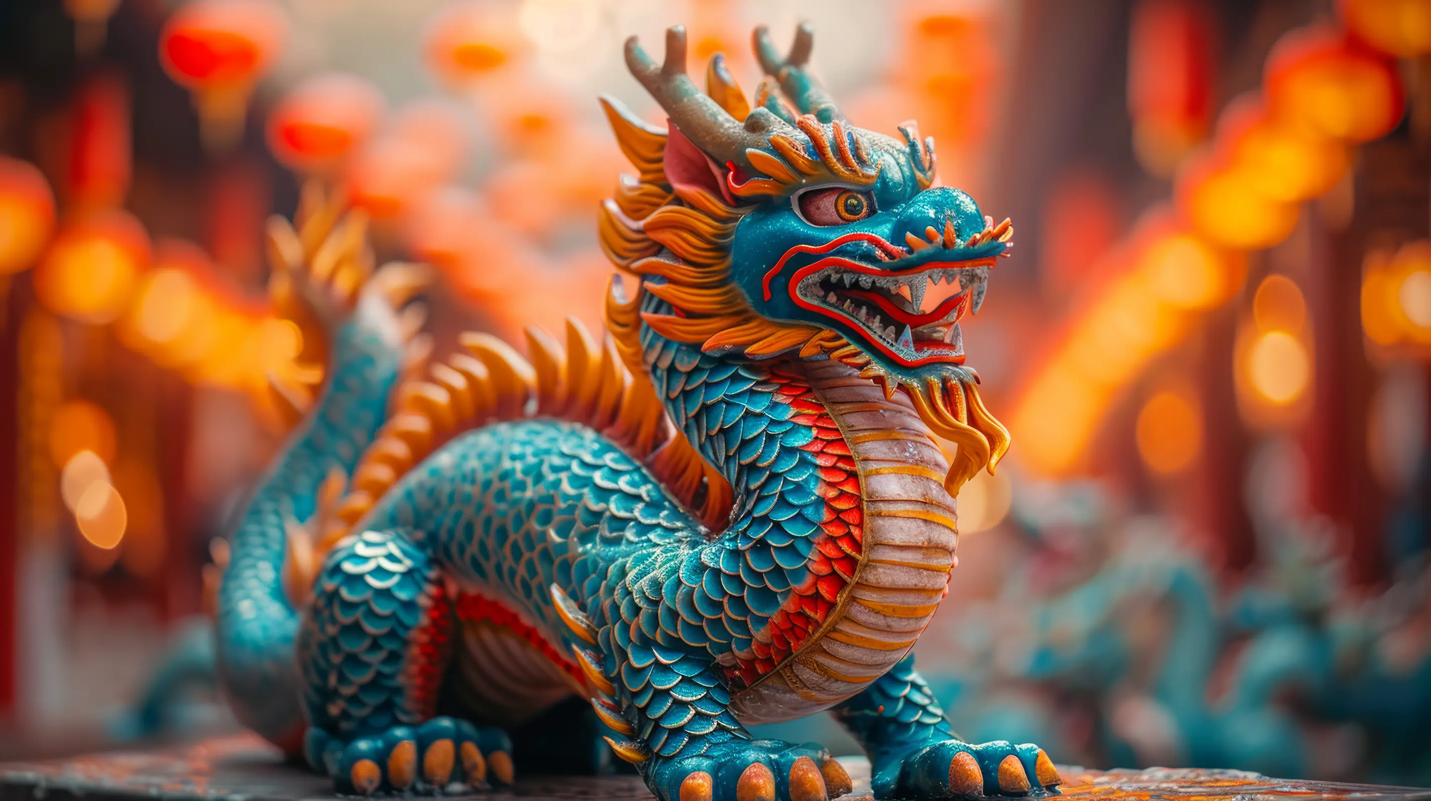 A Blue dragon statue among lights
