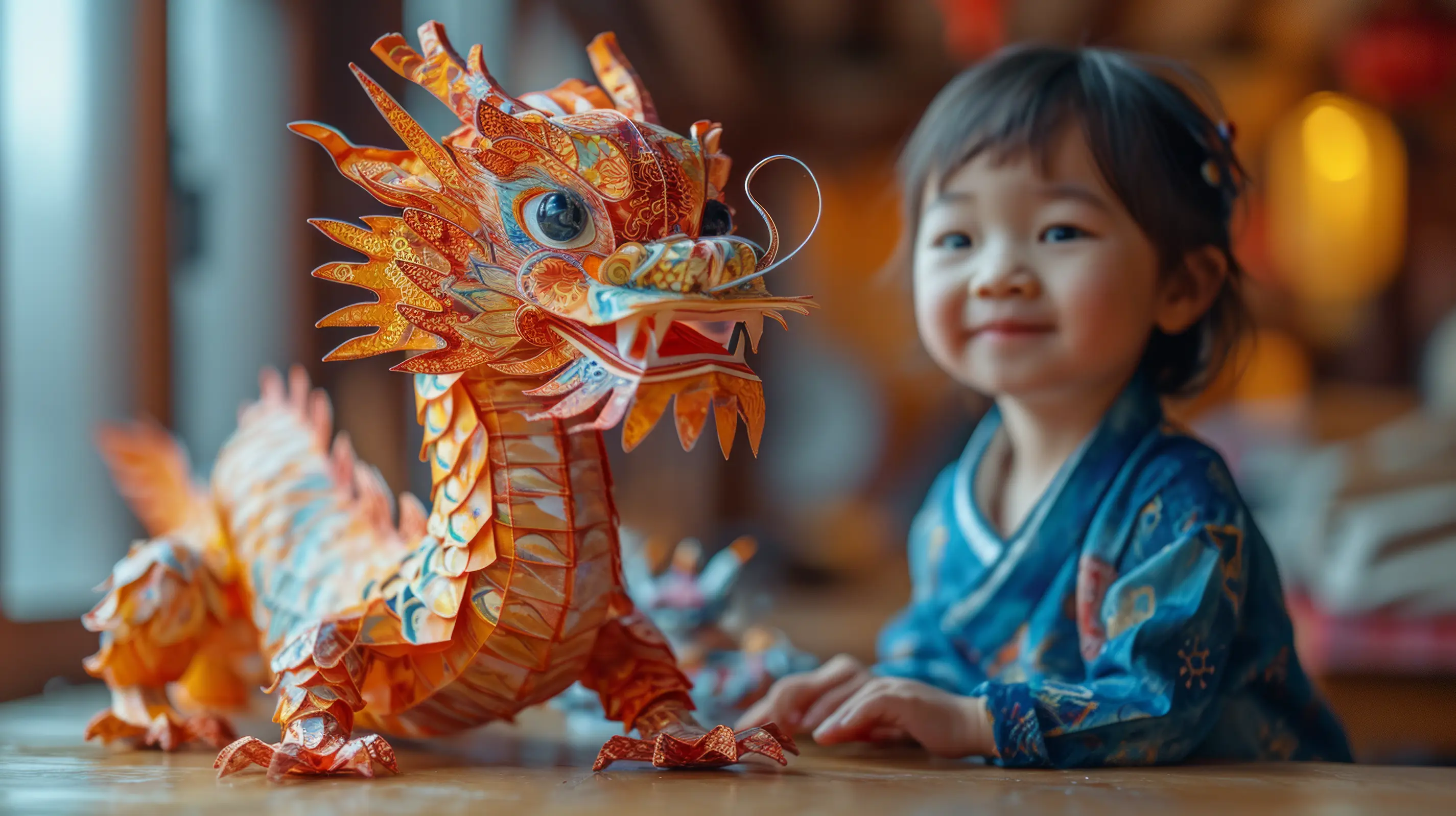 A Child playing with a dragon toy