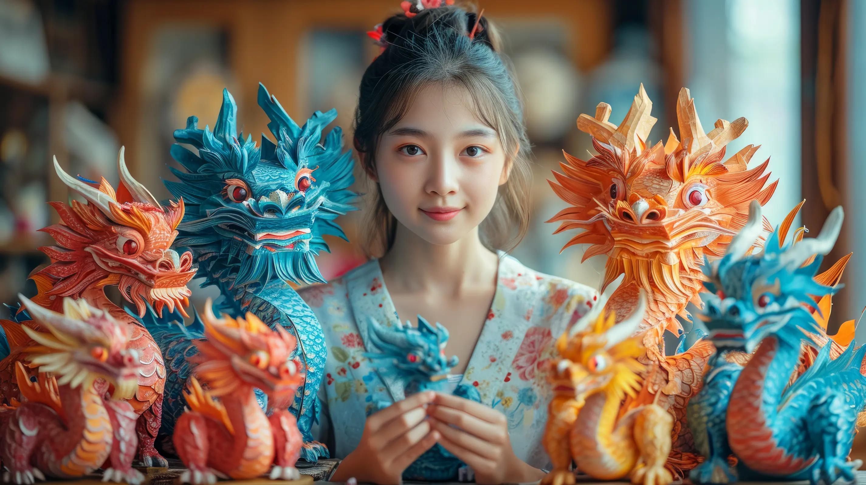 An Artist with colorful dragon figures