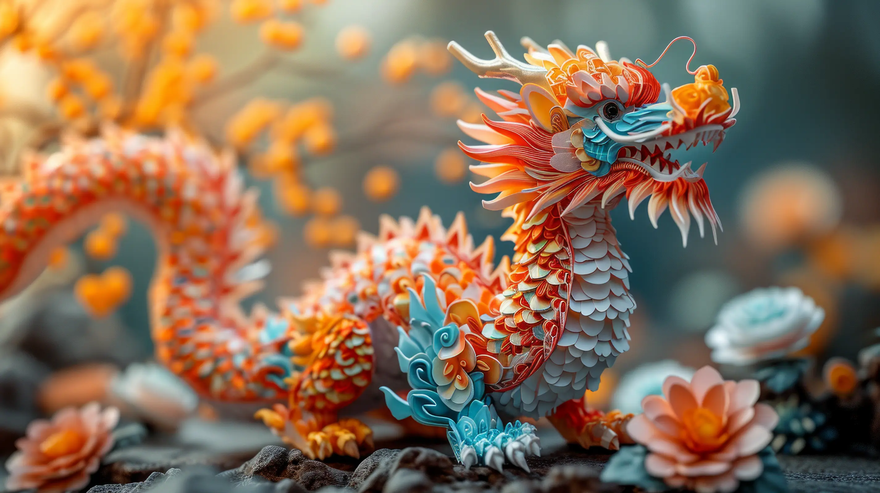 A dragon on blooming backdrop