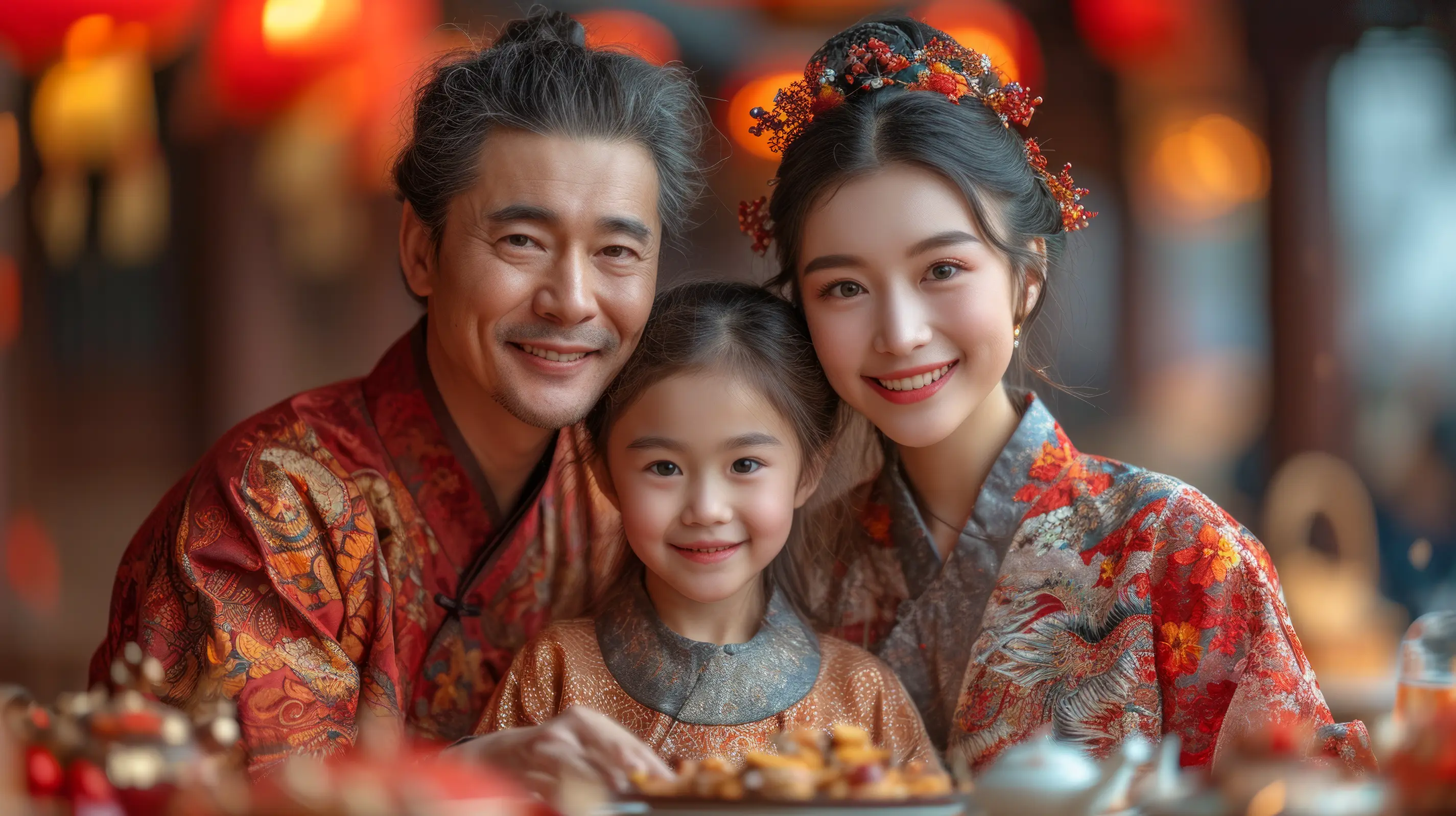 A Family in festival attire with food