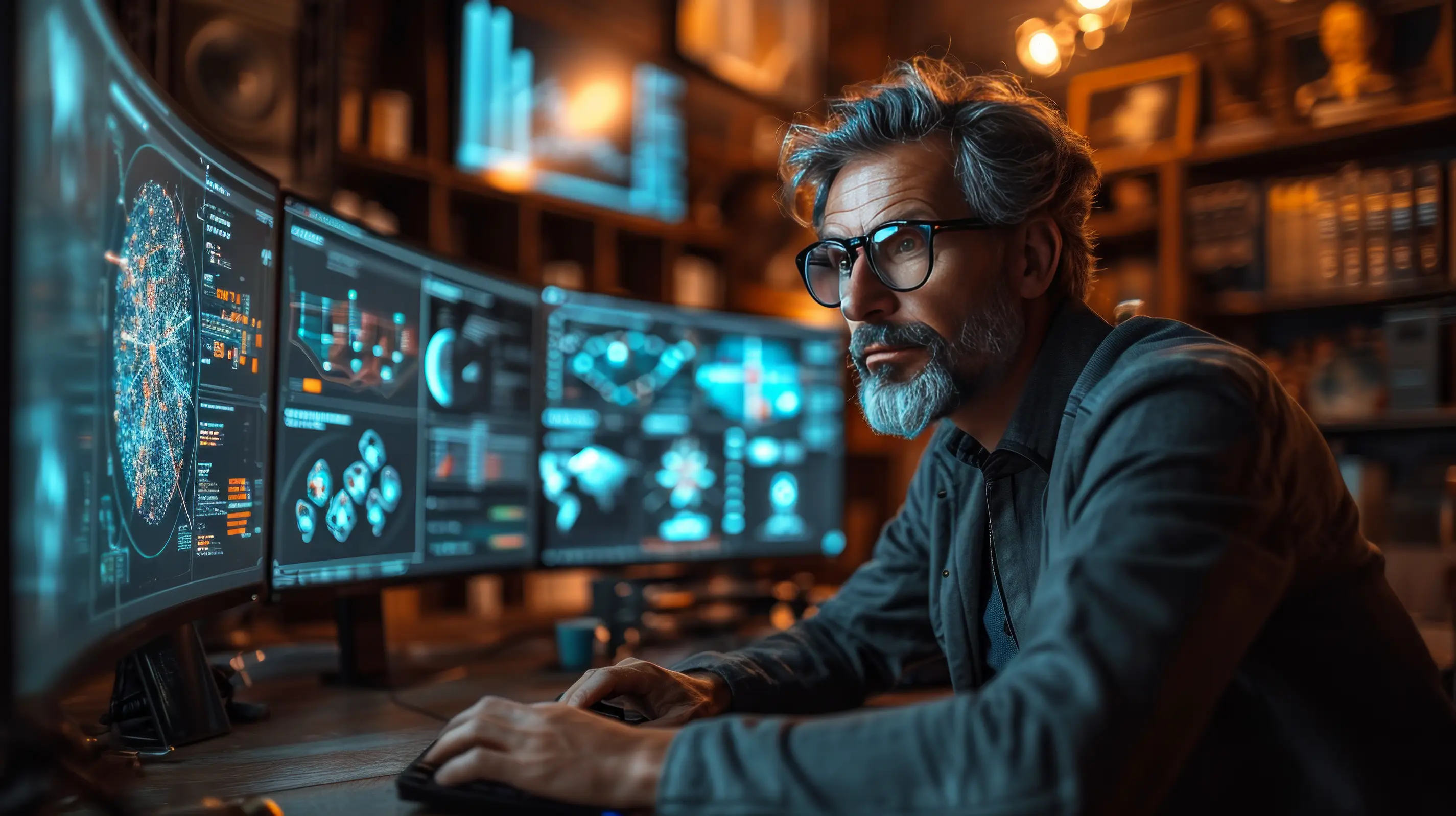 A man analysing data on screens