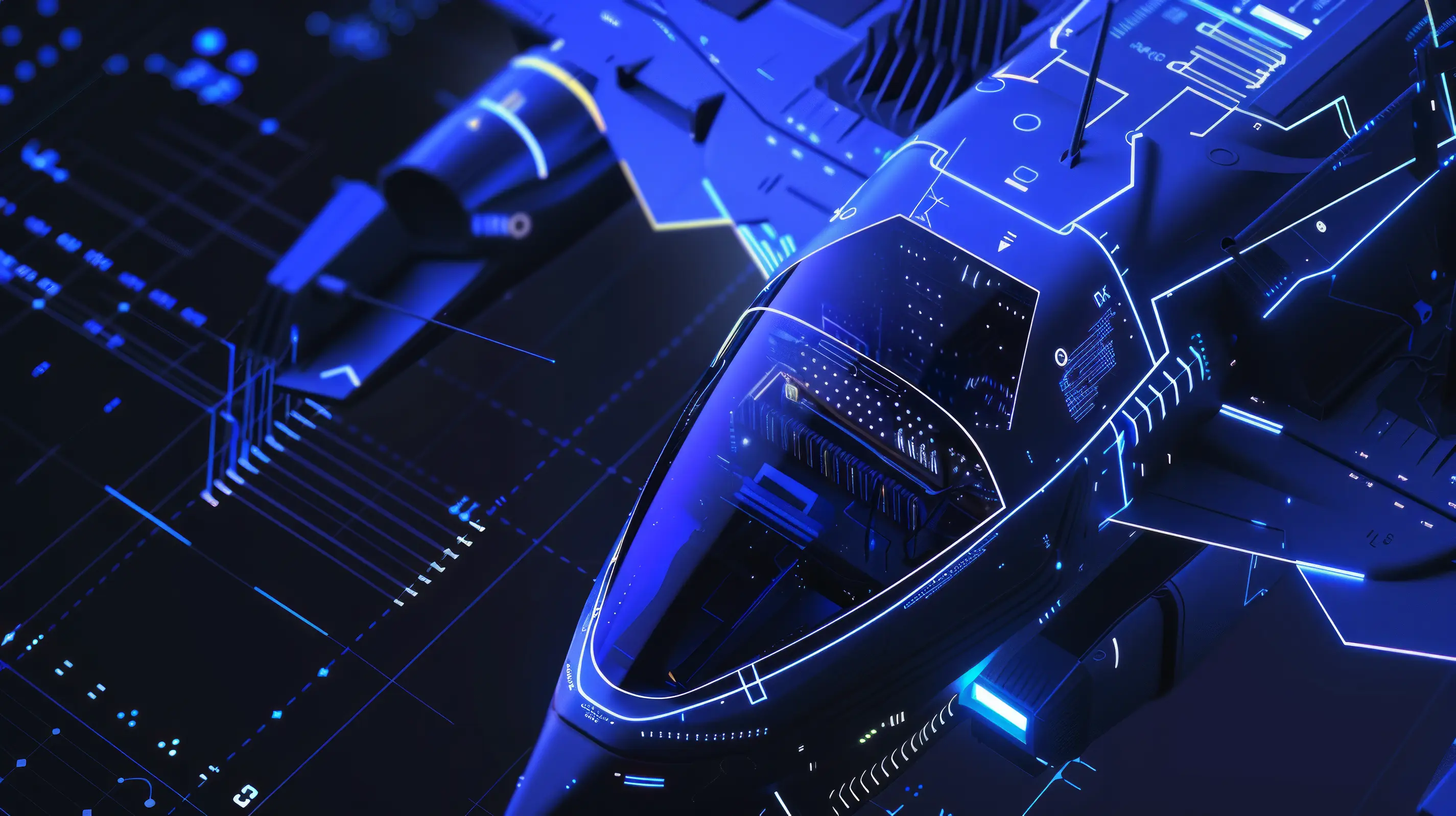 Futuristic blue spaceship with neon lights