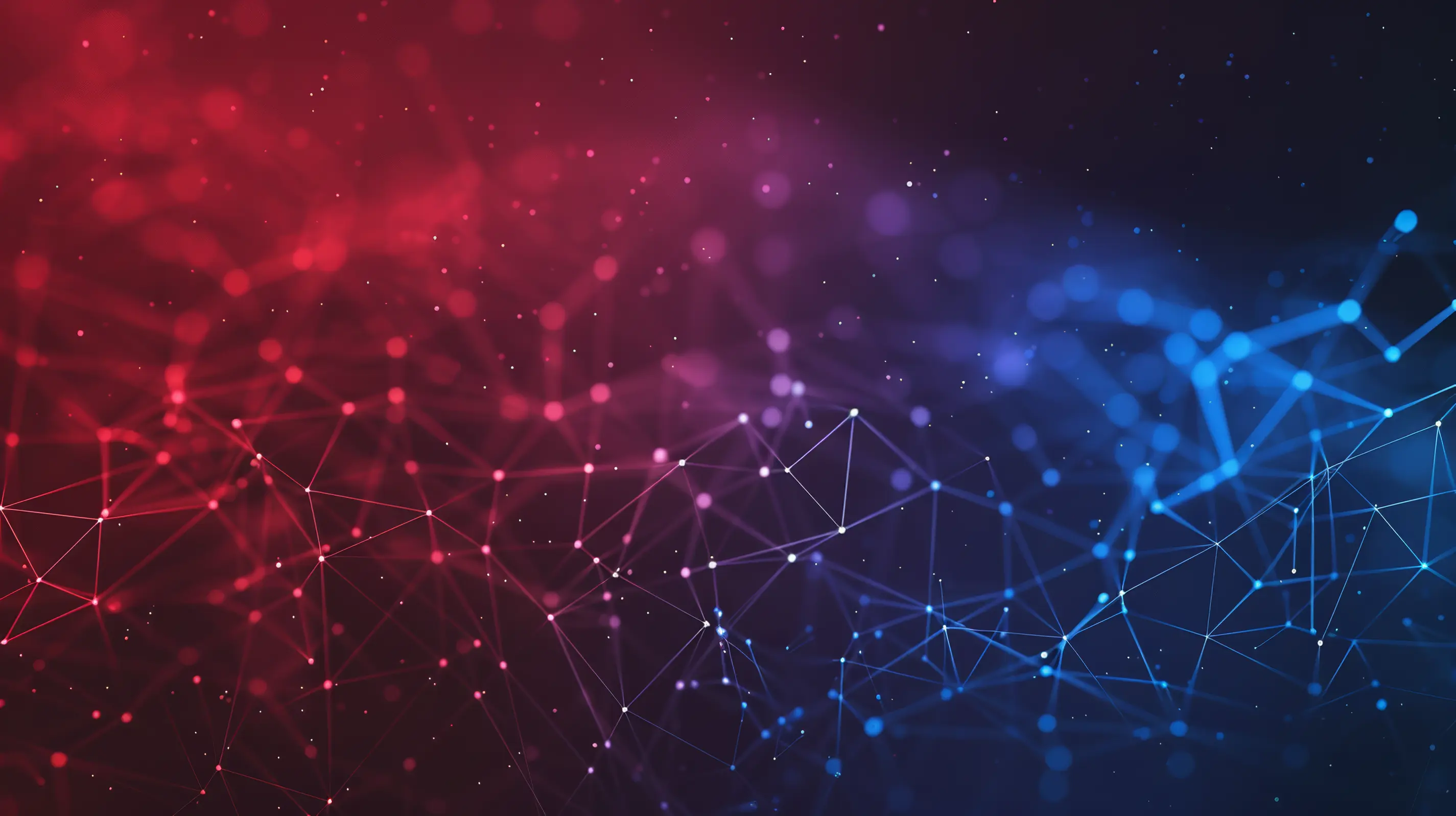 A network of digital nodes in red and blue hues