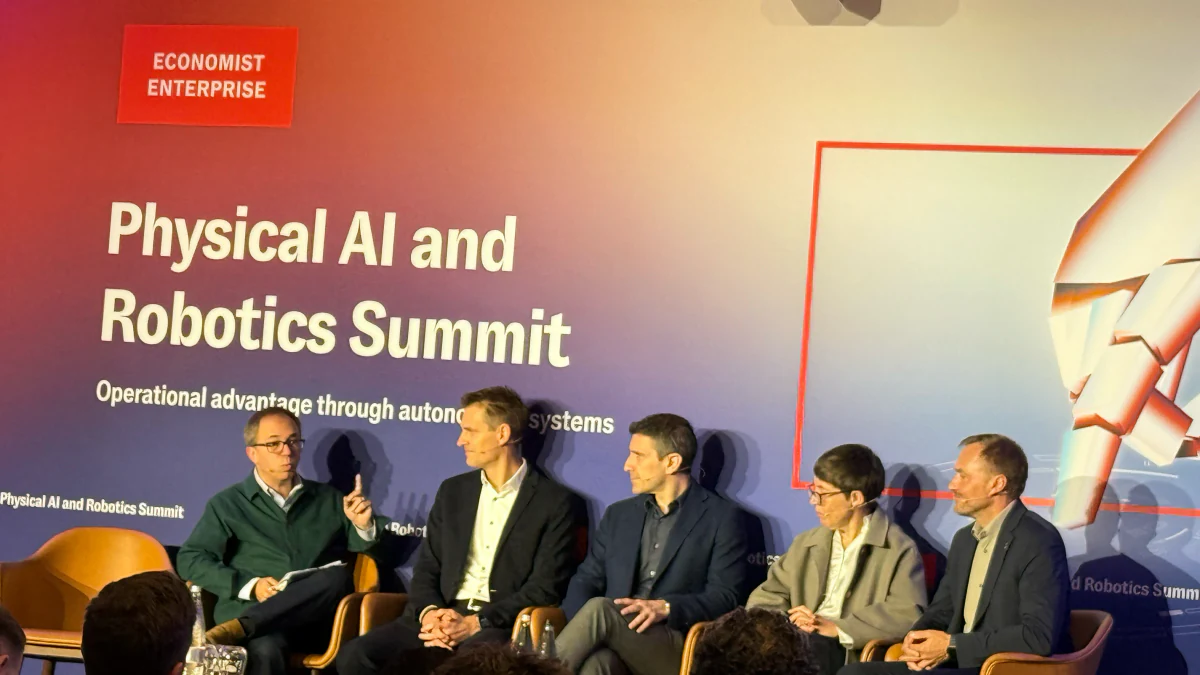 Kenneth Cukier and Sebastian Jonas debating humanoid versus functional robotics on stage at the Economist Enterprise Physical AI and Robotics Summit in London