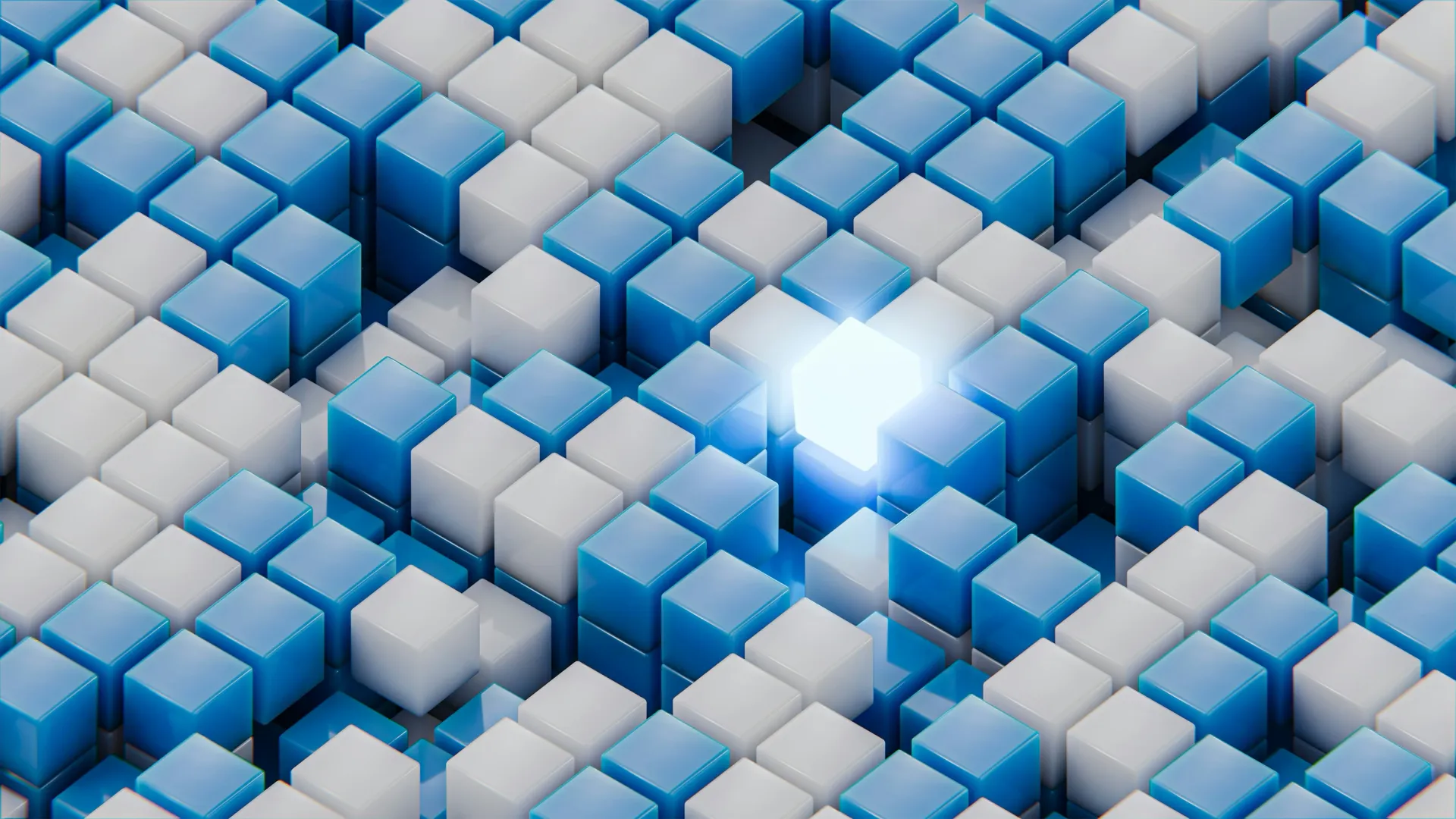 A grid of blue and white cubes with one cube glowing, evoking a validated message among structured blocks.