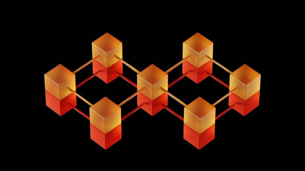 Interlinked glowing blocks forming a chain across a dark field — harmonised ISO 20022 messages resolving into a connected network, evoking the missing global map that turns structured payment data into a usable corporate standard
